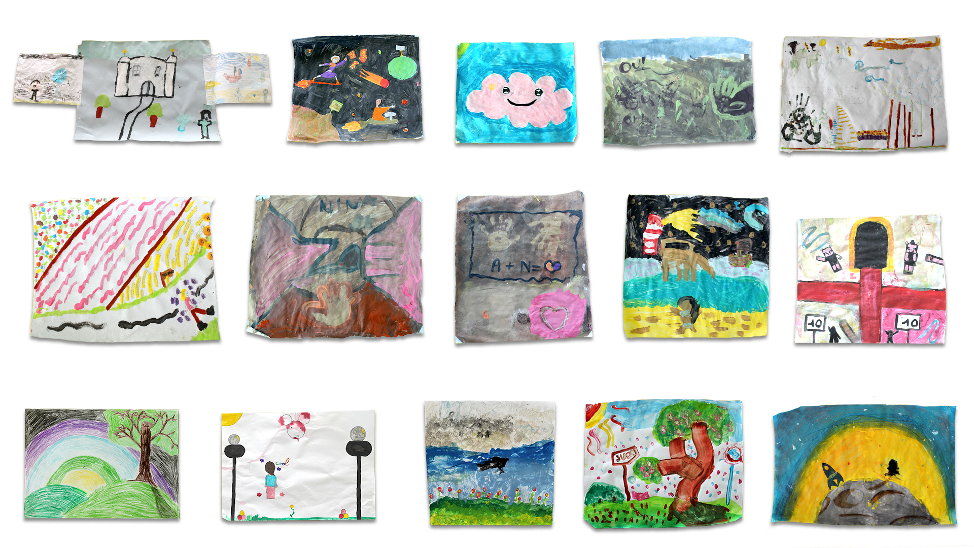 Image des dessins des enfants de l'école Lucie Aubrac durant les ateliers La Fabrique des Rêves. 15 expressions plastiques sont représentées.