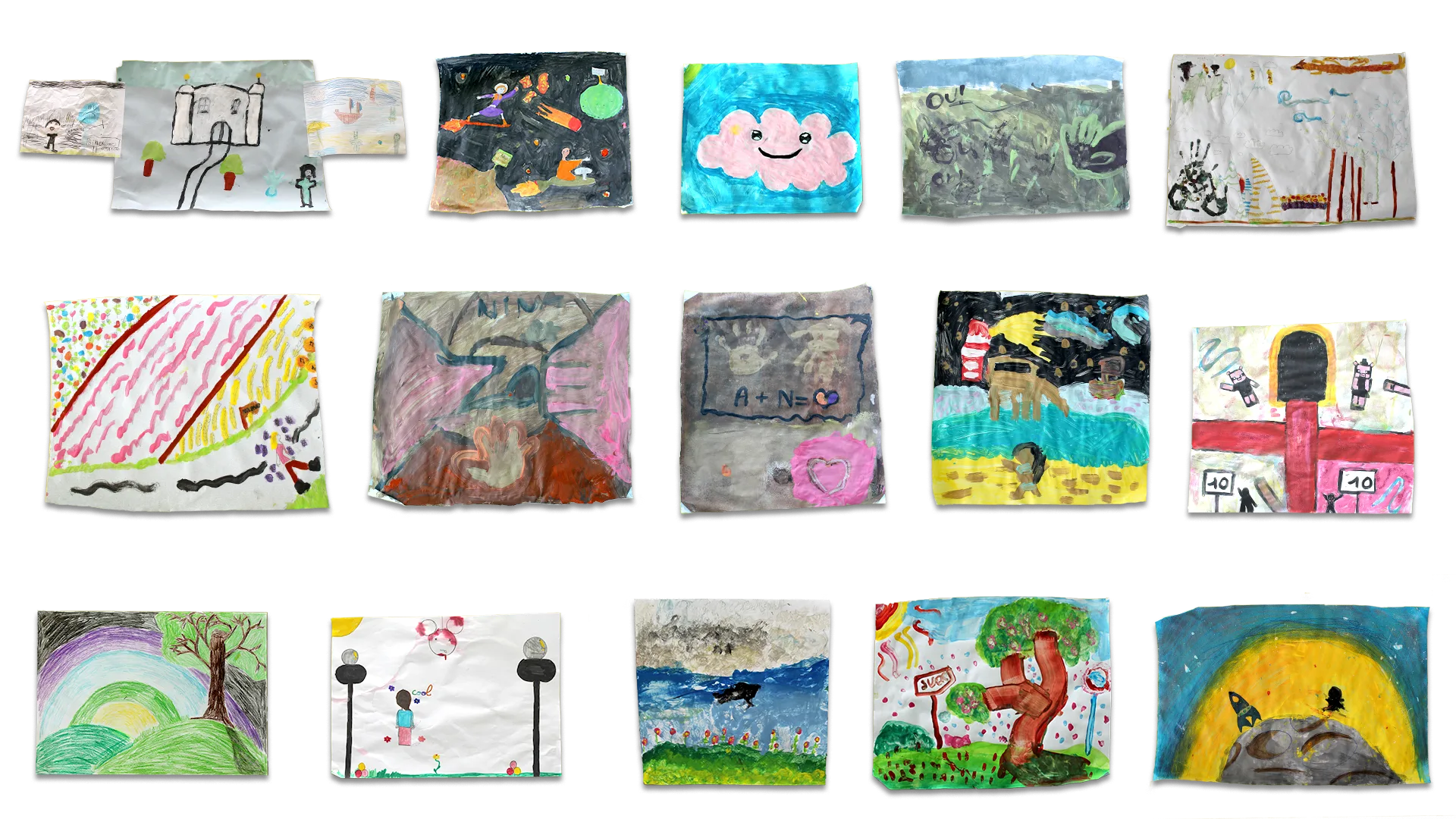 Image des dessins des enfants de l'école Lucie Aubrac durant les ateliers La Fabrique des Rêves. 15 expressions plastiques sont représentées.